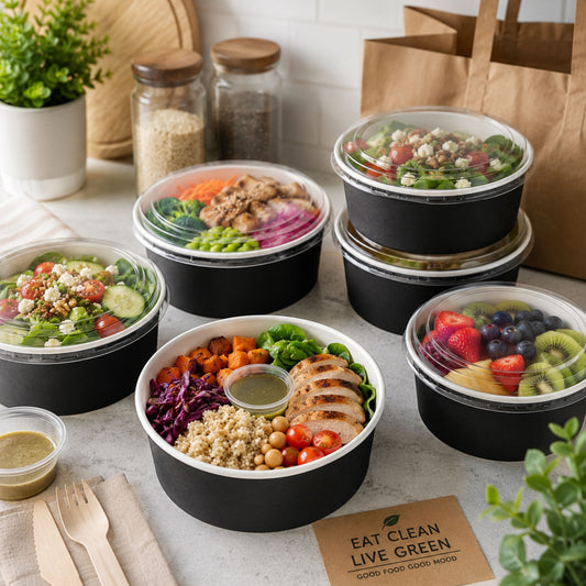 Eco-Friendly Round Kraft Black Bowl with Secure Lids