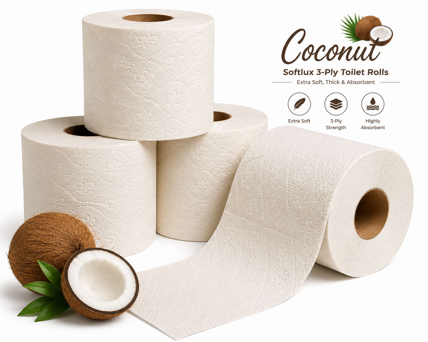 Coconut Softlux 3-Ply Toilet Rolls – Extra Soft, Thick & Absorbent
