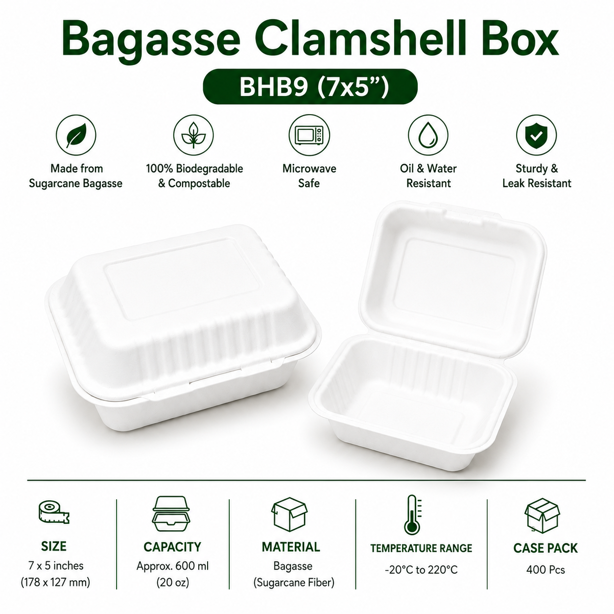 Bagasse Clamshell Box BHB9 (7x5")