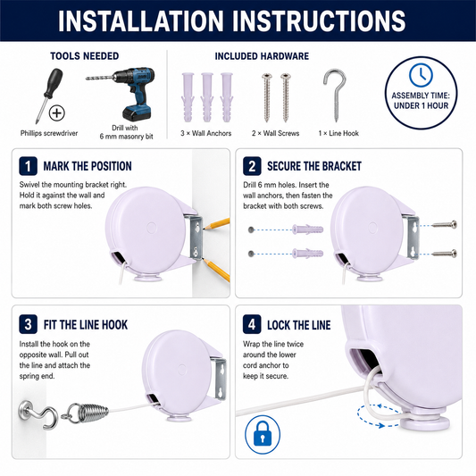 D-Lux 15m Retractable Washing Line Premium Heavy Duty Indoor Outdoor Dryer Soft Cream