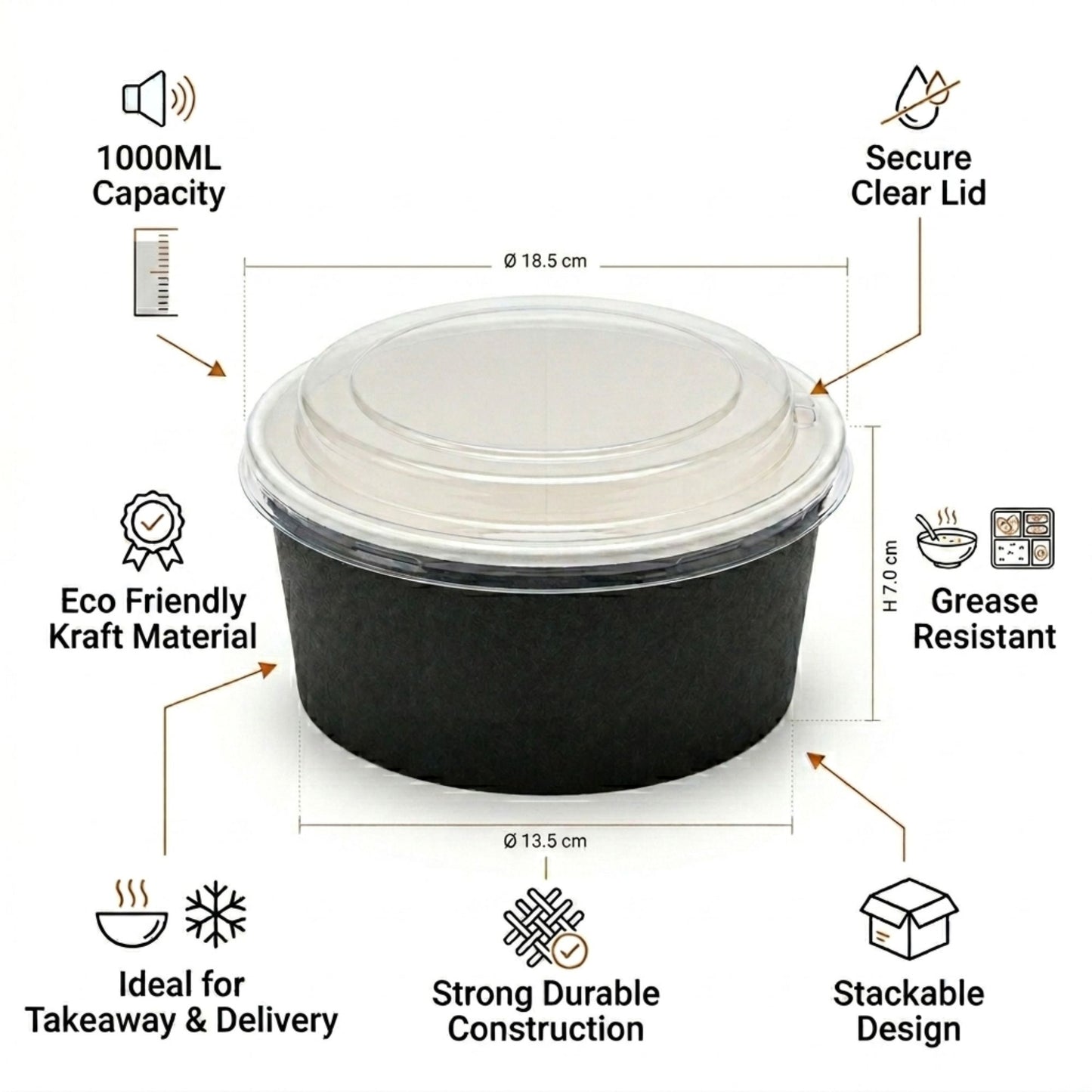 Eco-Friendly Round Kraft Black Bowl with Secure Lids