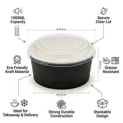 Eco-Friendly Round Kraft Black Bowl with Secure Lids
