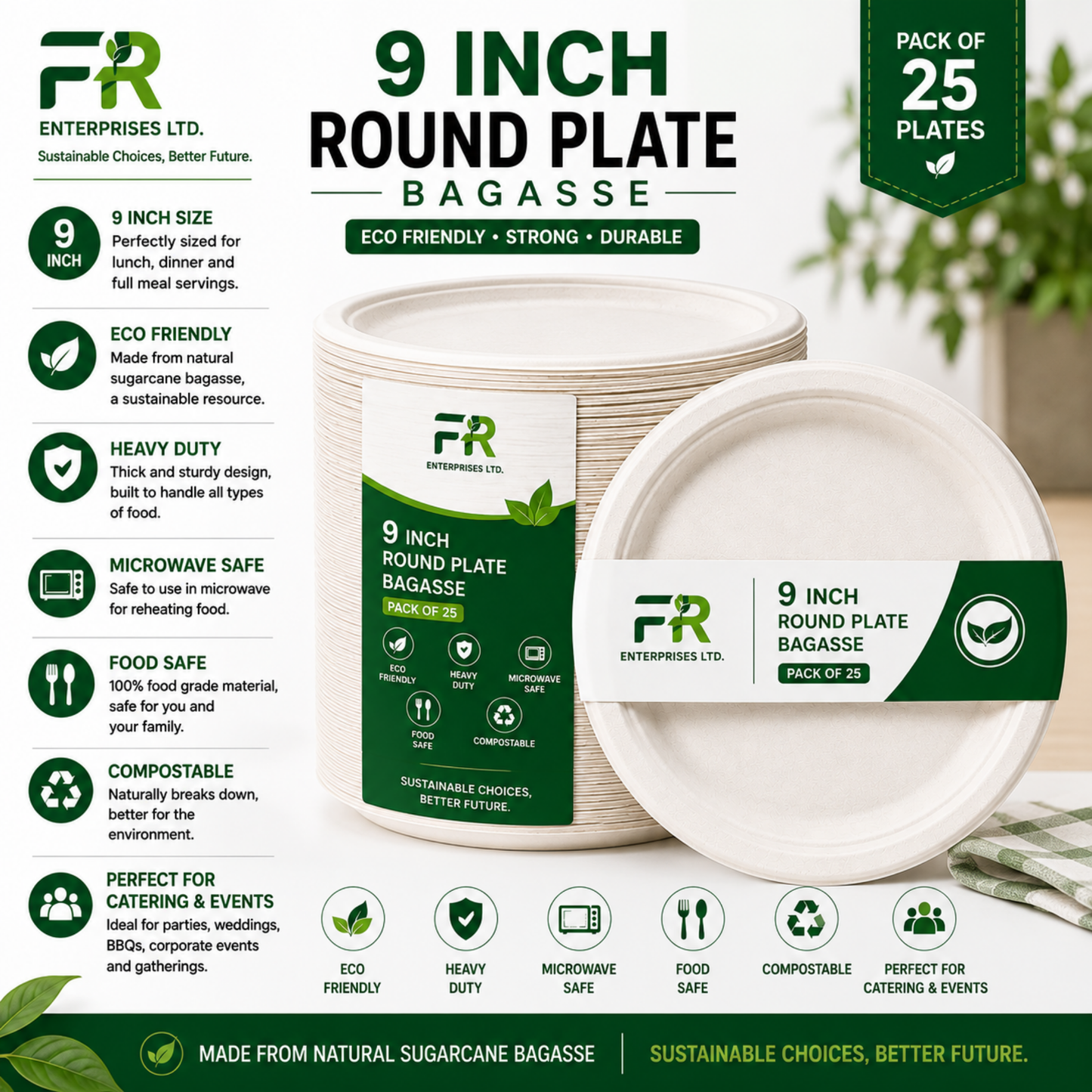 9" Disposable Sugarcane Plates – Eco-Friendly White Bagasse
