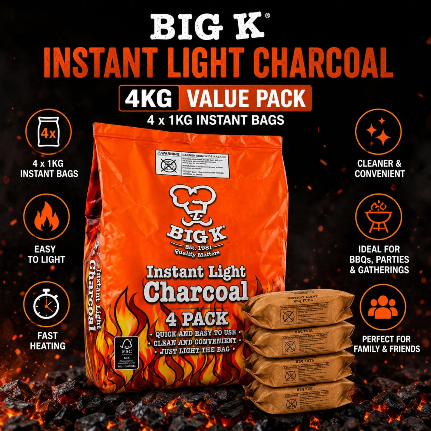 Instant Light Lumpwood Charcoal: FSC® Certified Single to 4KG