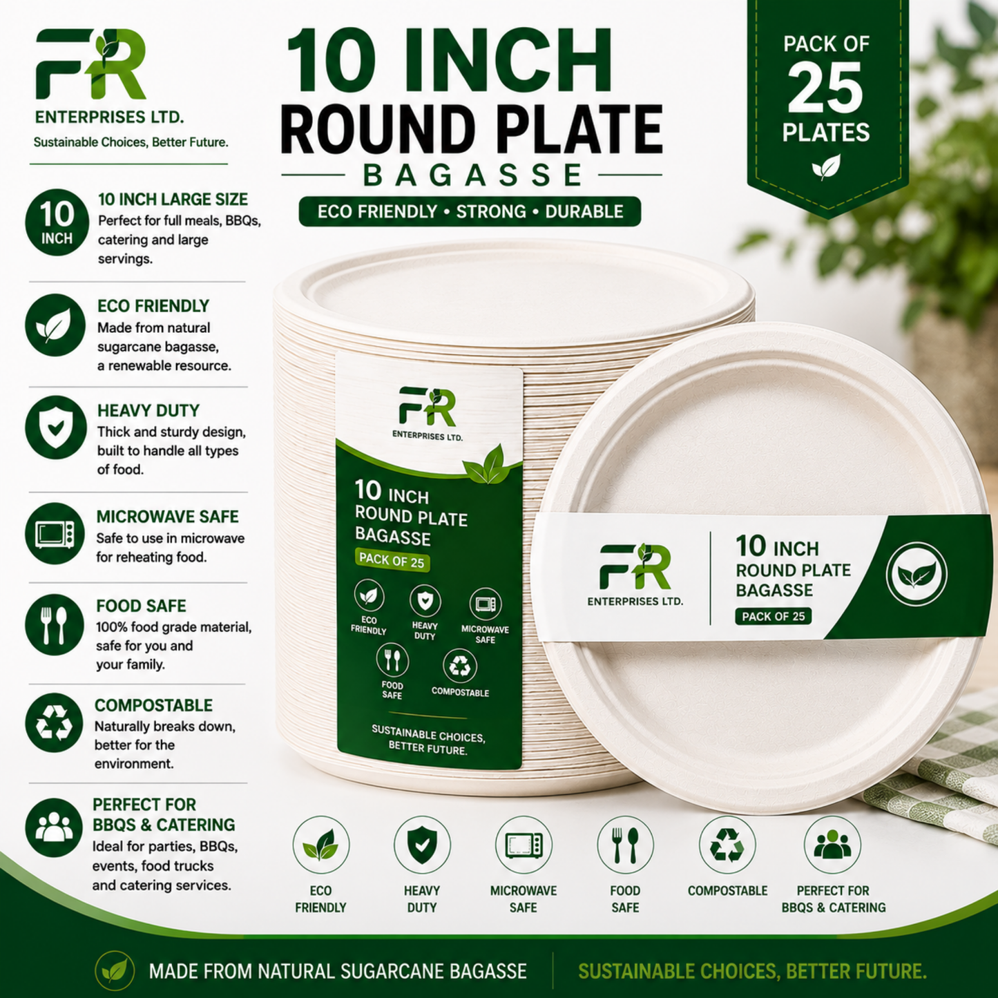10" Disposable Sugarcane Plates – Eco-Friendly White Bagasse