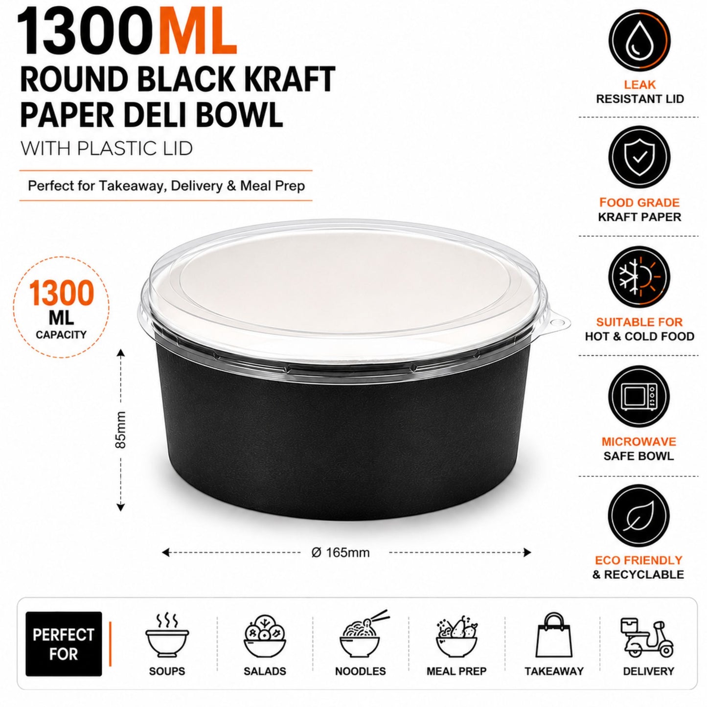 Eco-Friendly Round Kraft Black Bowl with Secure Lids