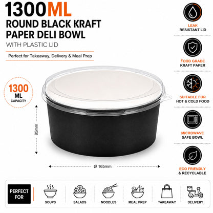 Eco-Friendly Round Kraft Black Bowl with Secure Lids