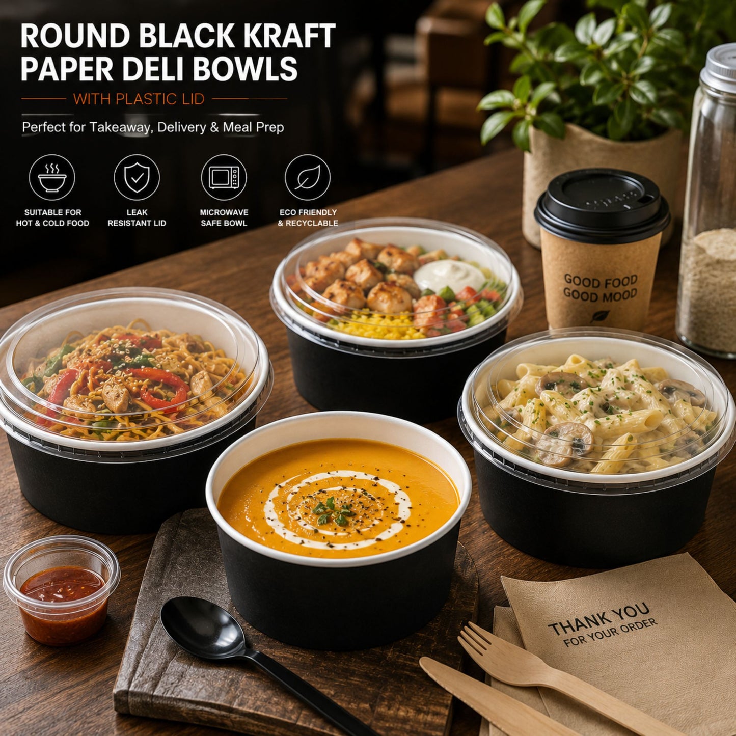 Eco-Friendly Round Kraft Black Bowl with Secure Lids