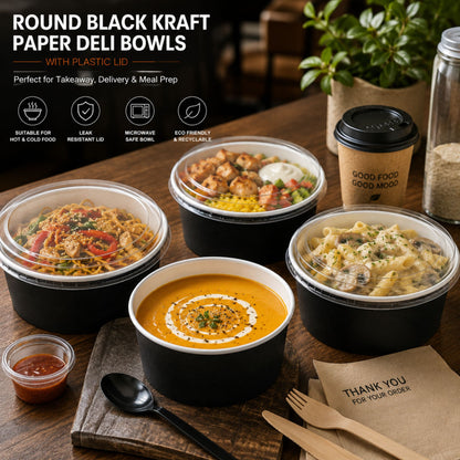 Eco-Friendly Round Kraft Black Bowl with Secure Lids