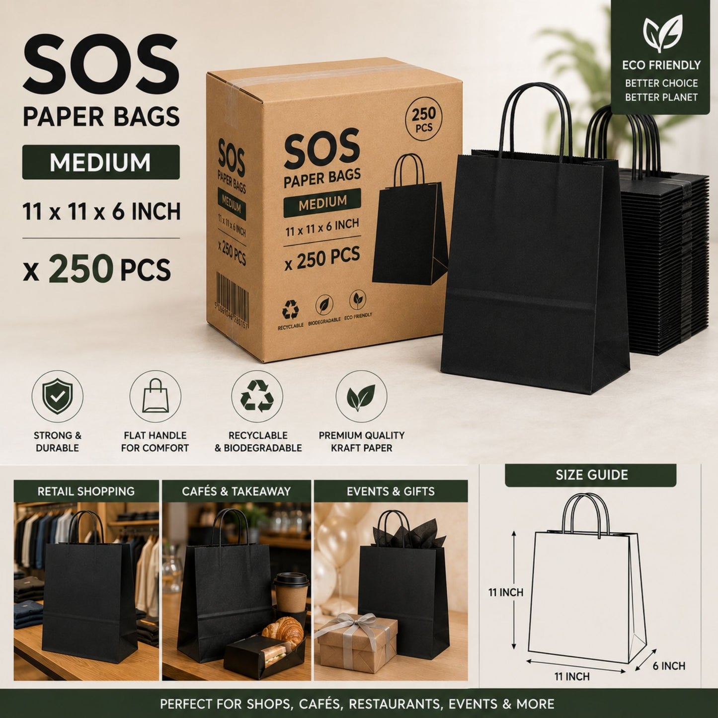 Eco-Friendly Black SOS Paper Bag Medium | Sustainable High-Strength Bags