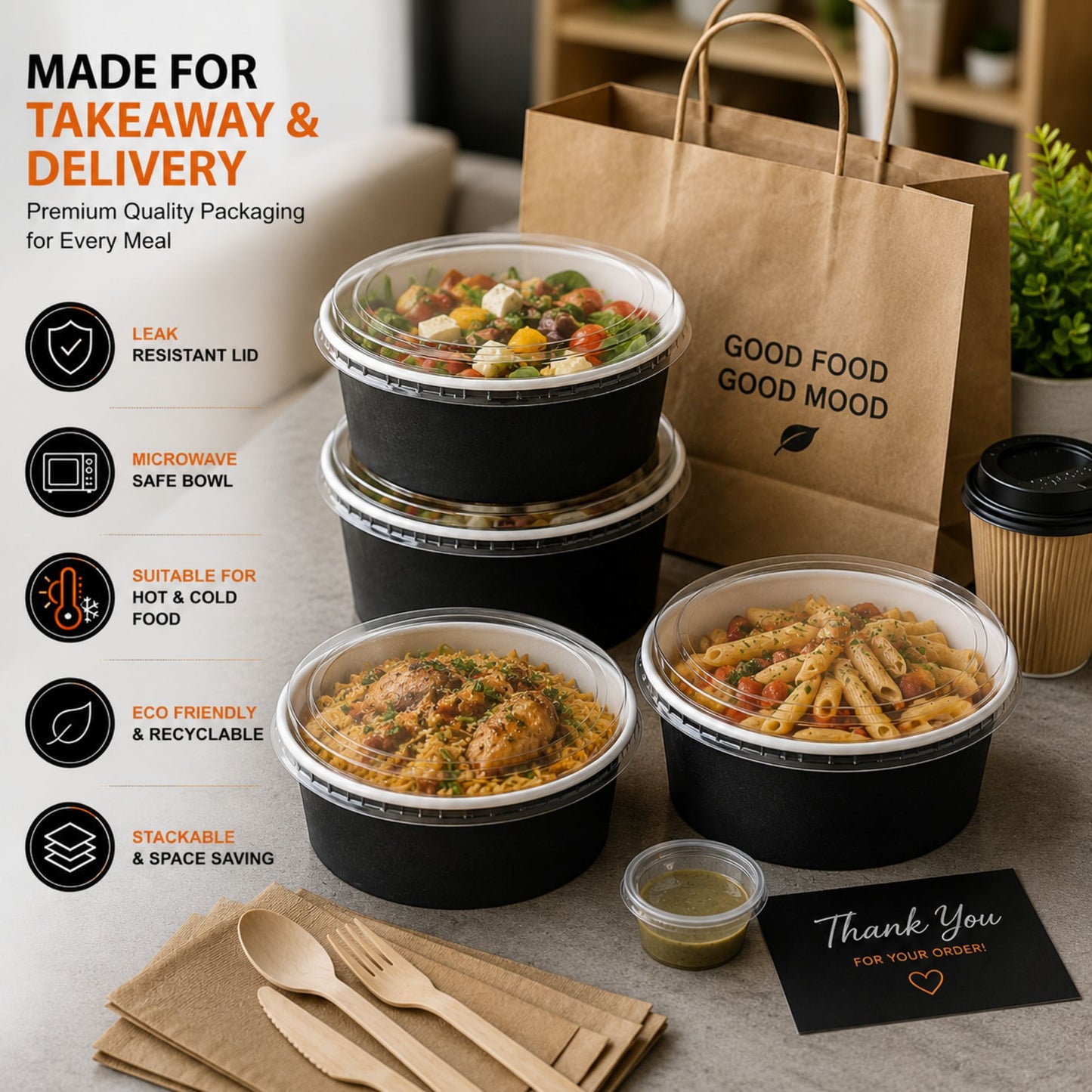 Eco-Friendly Round Kraft Black Bowl with Secure Lids