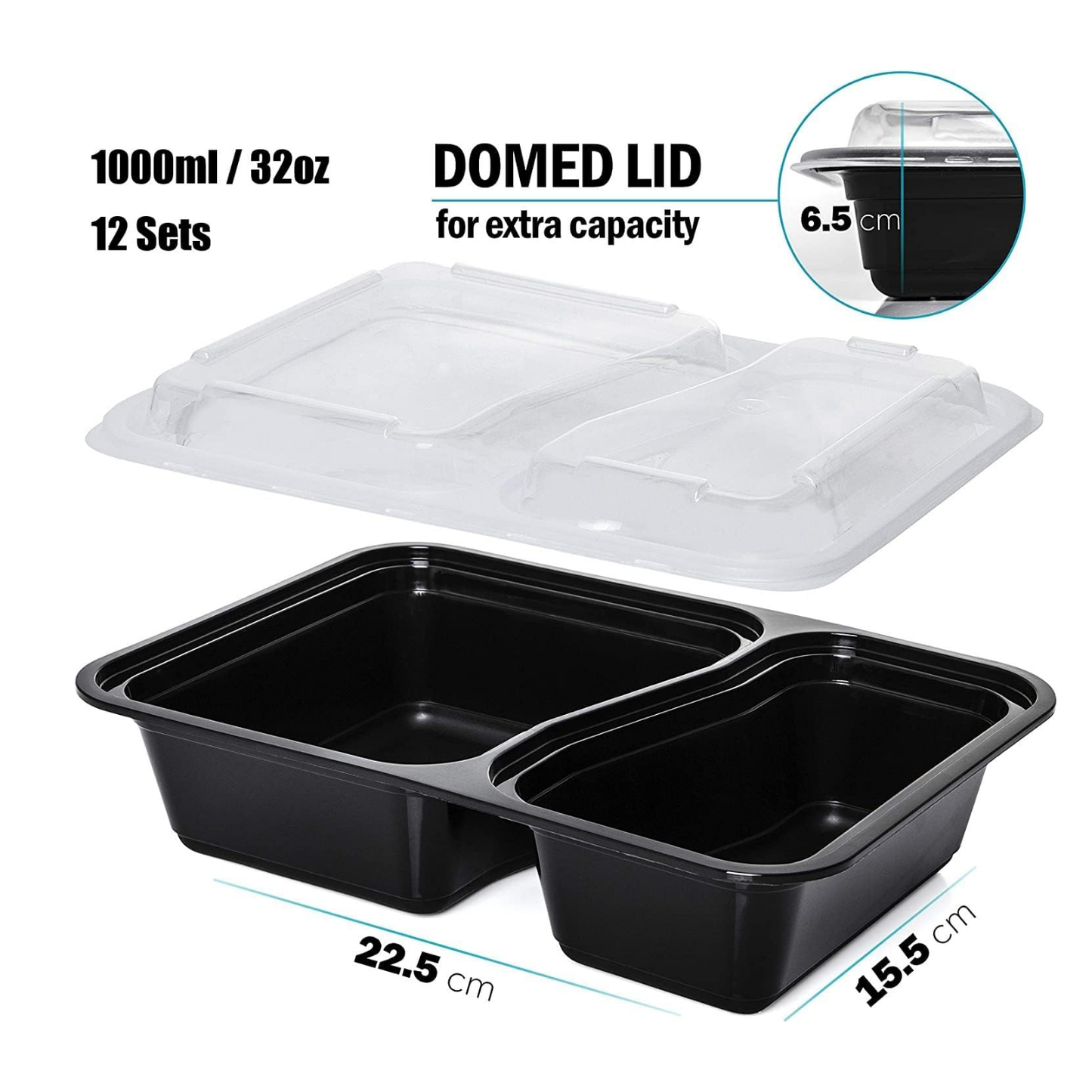 RE-32 2 Compartment Rectangular Black Base Container 32oz