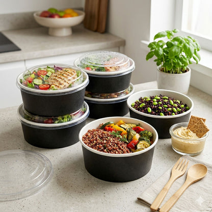 Eco-Friendly Round Kraft Black Bowl with Secure Lids