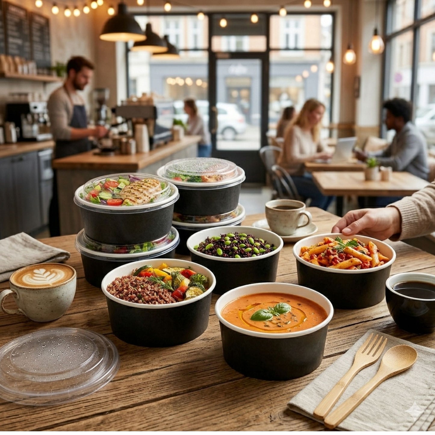 Eco-Friendly Round Kraft Black Bowl with Secure Lids
