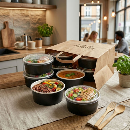 Eco-Friendly Round Kraft Black Bowl with Secure Lids