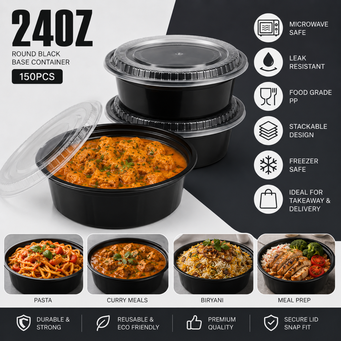 Heavy Duty Round Black Base Container with Lids