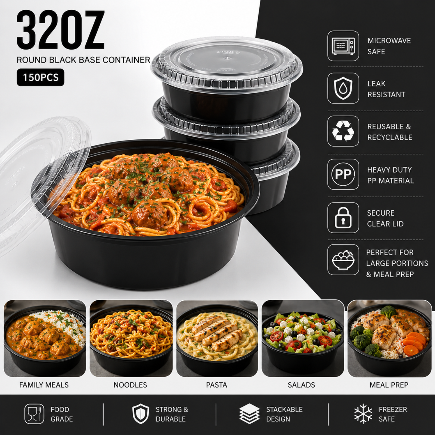 Heavy Duty Round Black Base Container with Lids