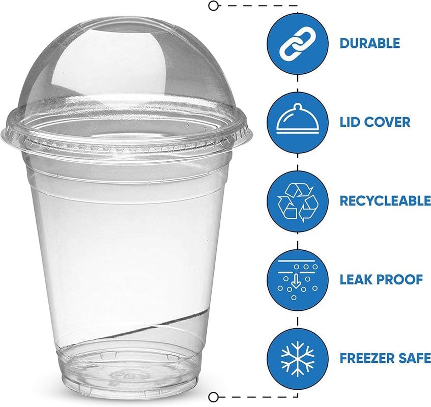 Smoothie Plastic Cup with Clear Plastic Dome Lid for Smoothie, Milkshake, Juice, Soda, Cocktail, Perfect for Parties, Weddings, Birthdays, BBQ, Restaurants