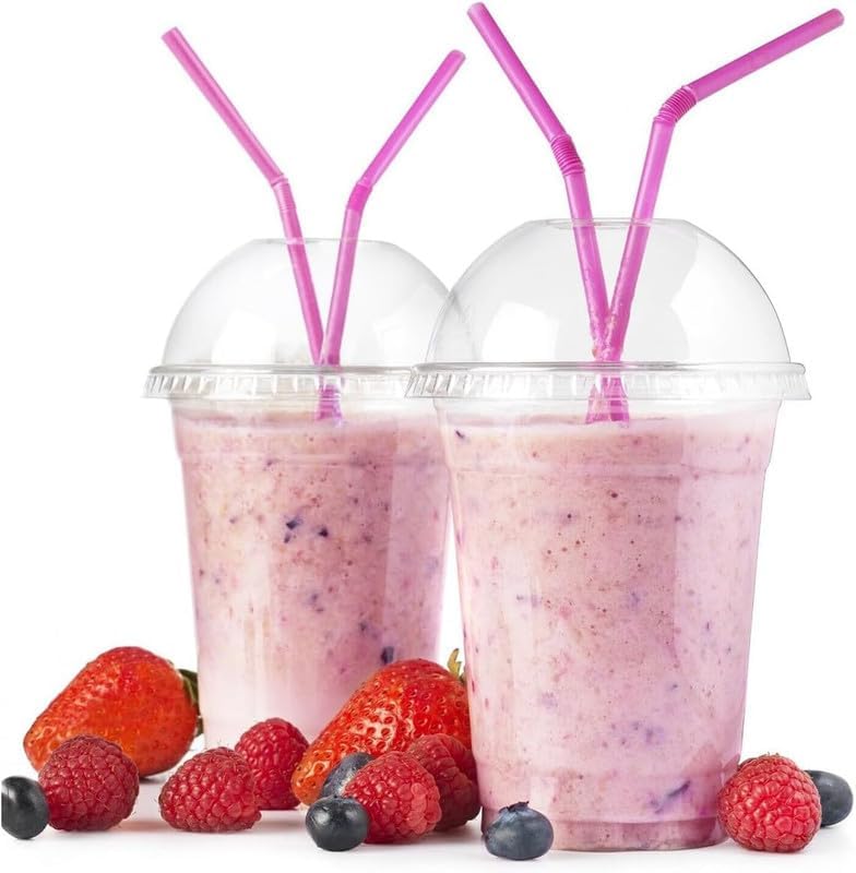 Smoothie Plastic Cup with Clear Plastic Dome Lid for Smoothie, Milkshake, Juice, Soda, Cocktail, Perfect for Parties, Weddings, Birthdays, BBQ, Restaurants