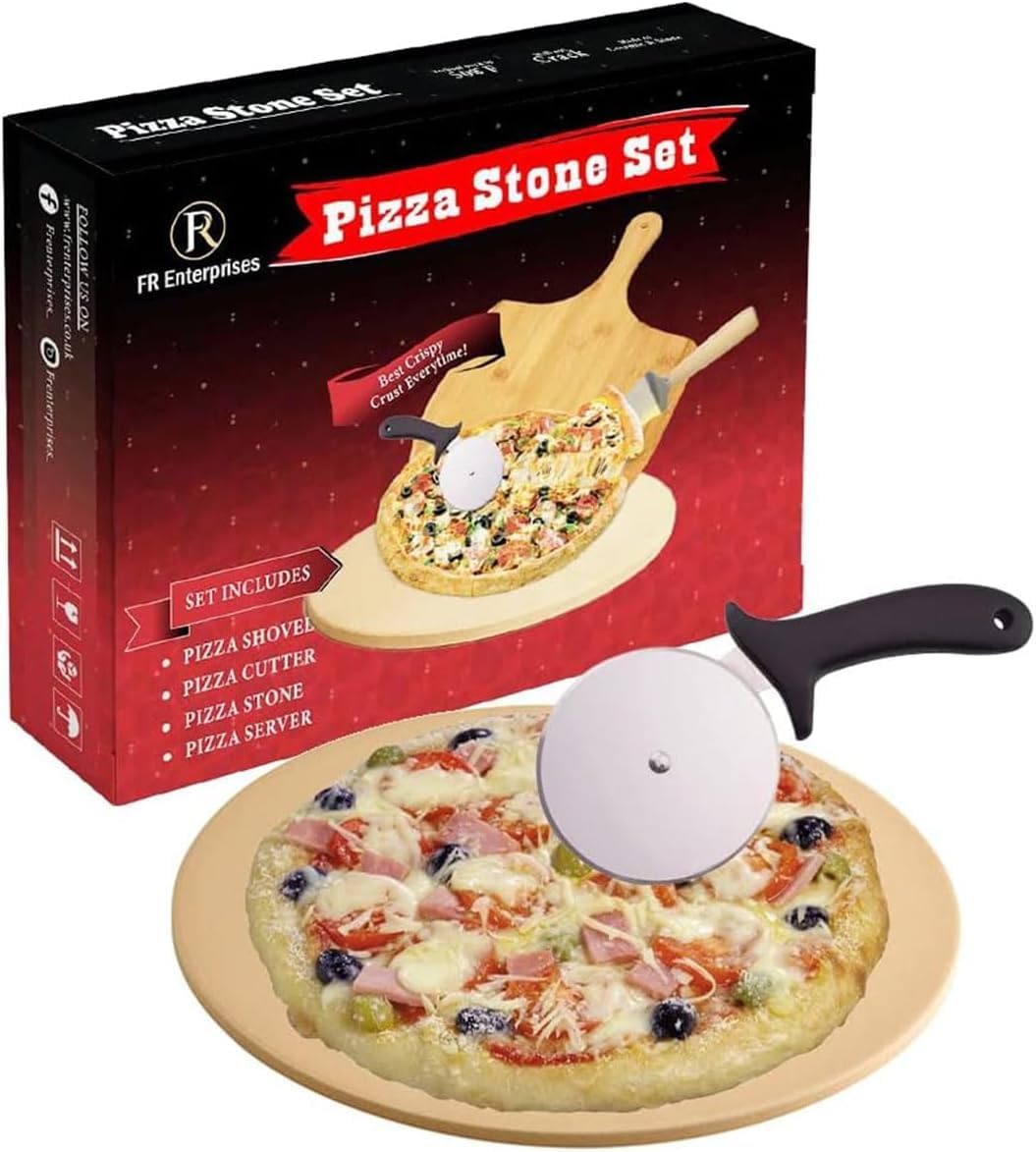 Pizza Stone Set for Oven - Round Stone with Pizza Peel and Cutter
