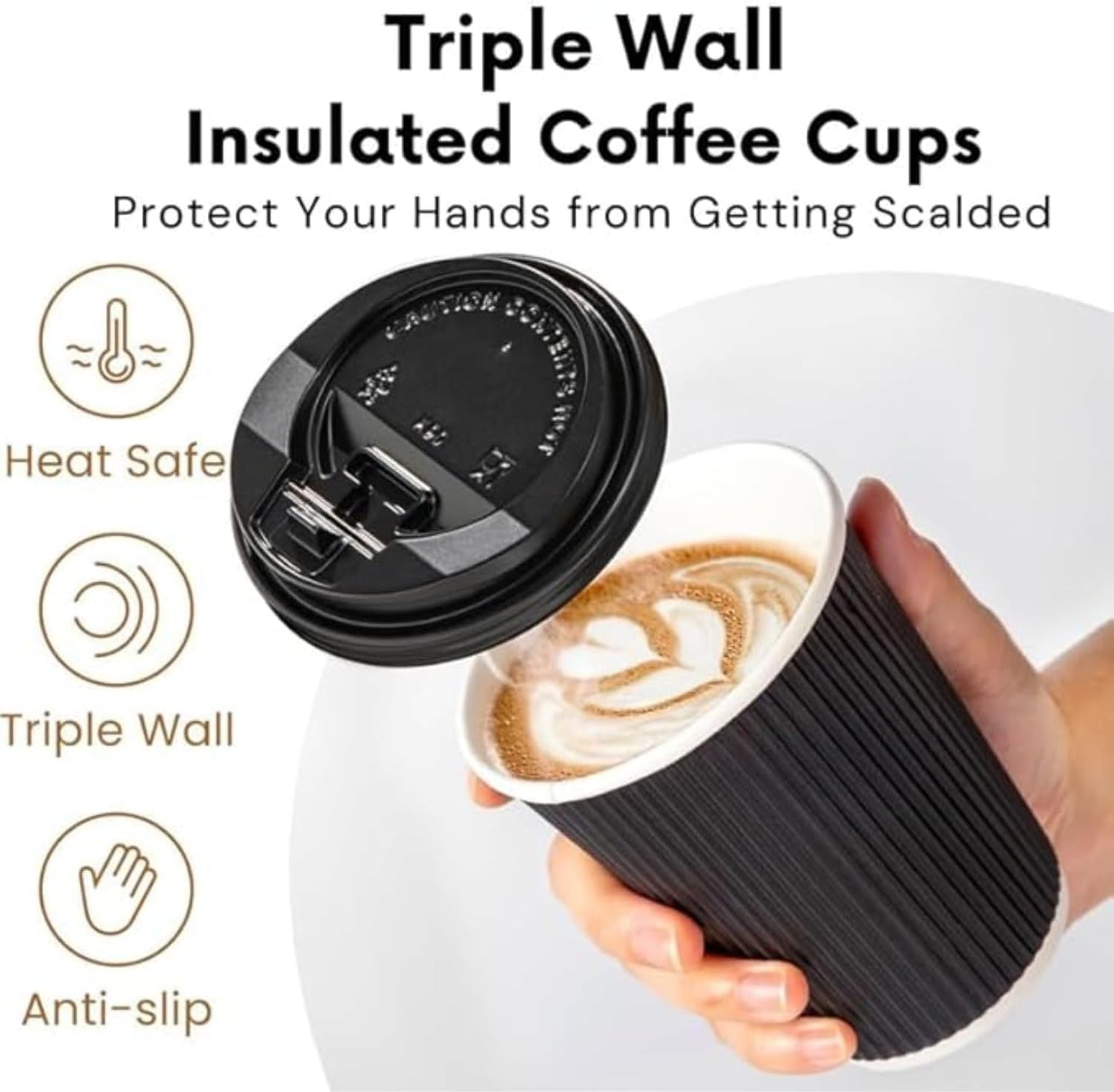 Insulated 8oz Black Ripple Cup  | Triple-Wall Ripple Texture | Spill-Proof Lids