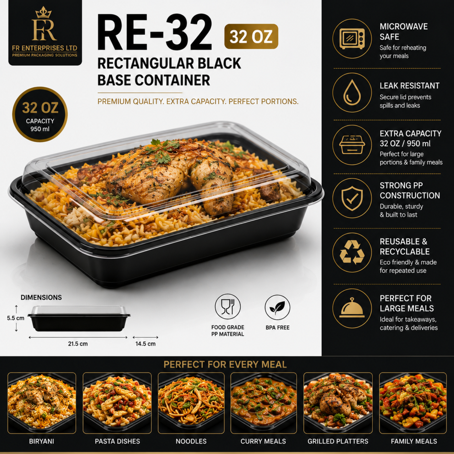Heavy Duty Rectangular Black Base Container with Lids