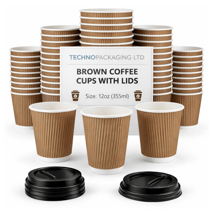 Insulated 12oz Brown Cup | Triple-Wall Ripple Texture | Spill-Proof Lids