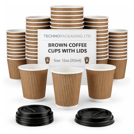 Insulated 12oz Brown Cup | Triple-Wall Ripple Texture | Spill-Proof Lids