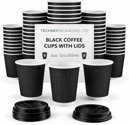 Insulated 12oz Black Ripple Cup | Triple-Wall Ripple Texture | Spill-Proof Lids
