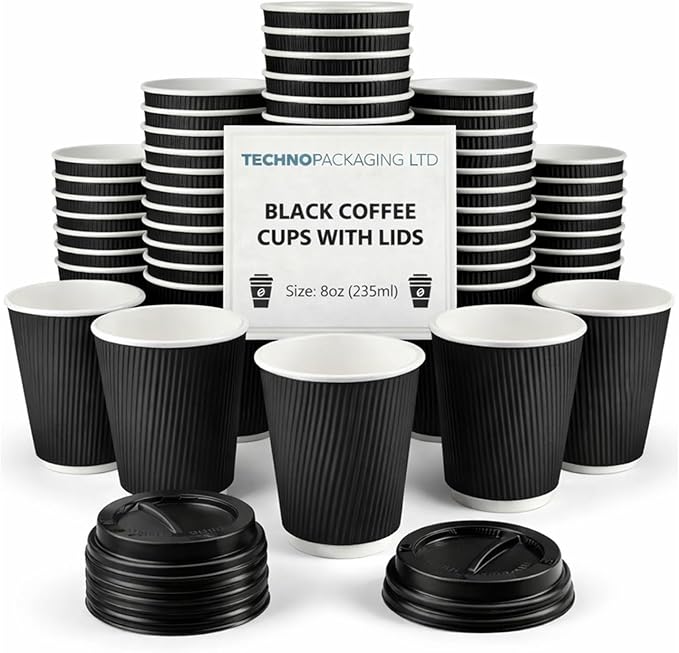 Insulated 8oz Black Ripple Cup  | Triple-Wall Ripple Texture | Spill-Proof Lids