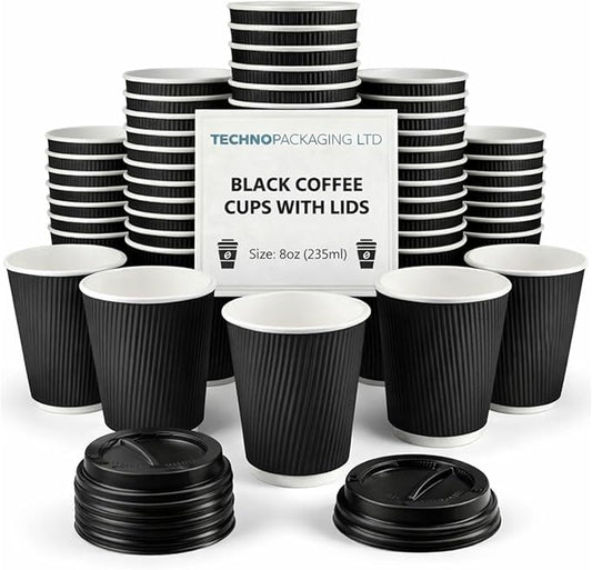Insulated 8oz Black Ripple Cup  | Triple-Wall Ripple Texture | Spill-Proof Lids