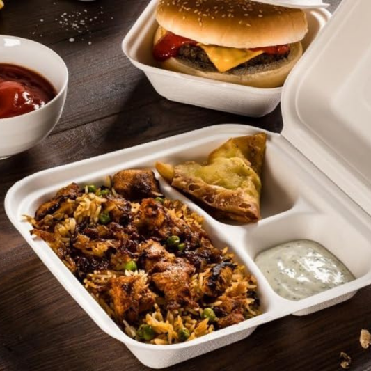 Heavy-Duty 3-Compartment Bagasse Boxes | Microwave & Freezer Safe