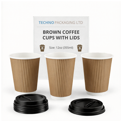 Insulated 12oz Brown Cup | Triple-Wall Ripple Texture | Spill-Proof Lids