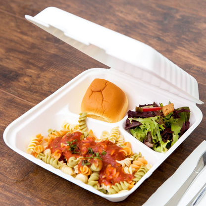 Heavy-Duty 3-Compartment Bagasse Boxes | Microwave & Freezer Safe