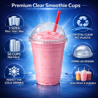 8oz Reusable Clear Plastic Smoothie Cups with lids