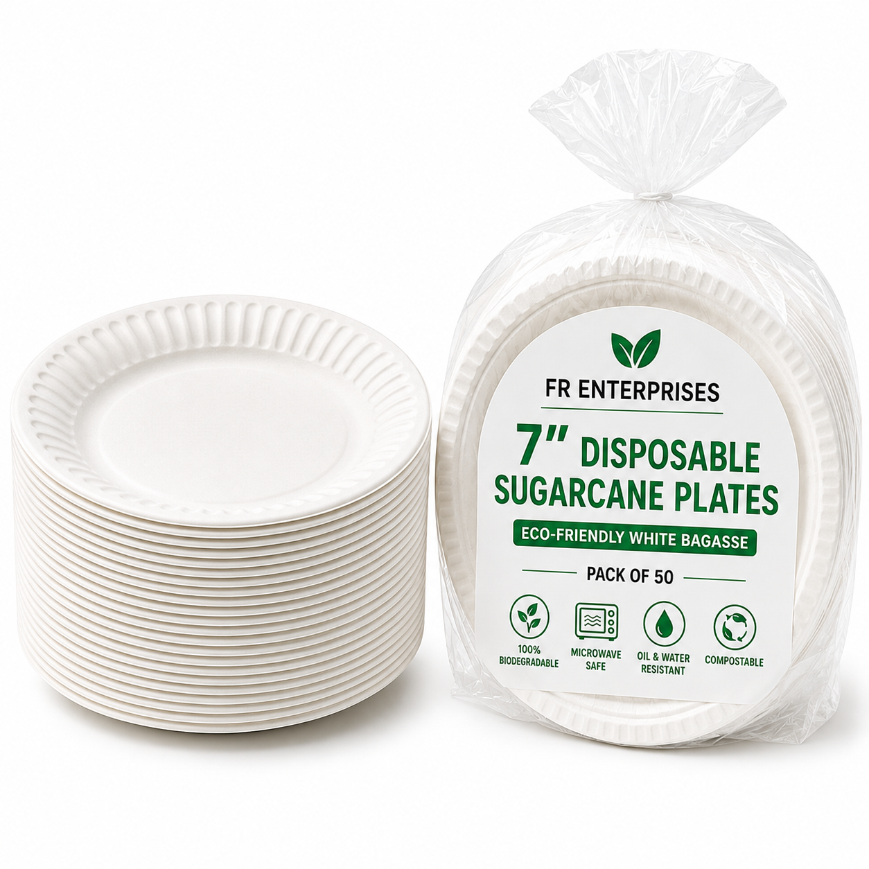 7" Disposable Sugarcane Plates – Eco-Friendly White Bagasse