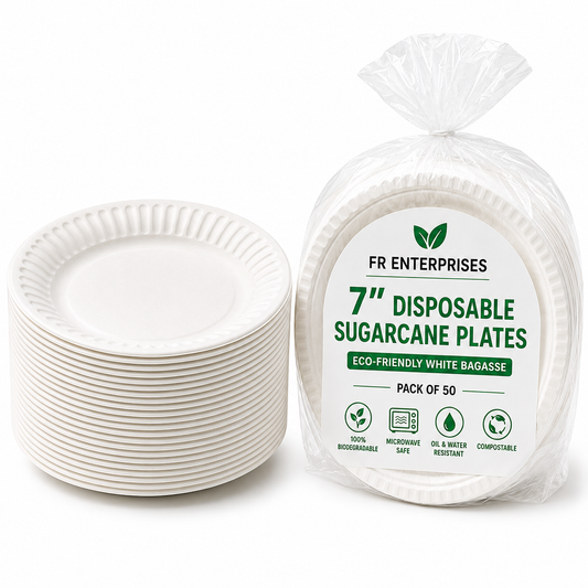 7" Disposable Sugarcane Plates – Eco-Friendly White Bagasse