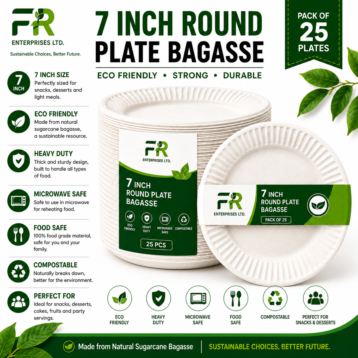7" Disposable Sugarcane Plates – Eco-Friendly White Bagasse