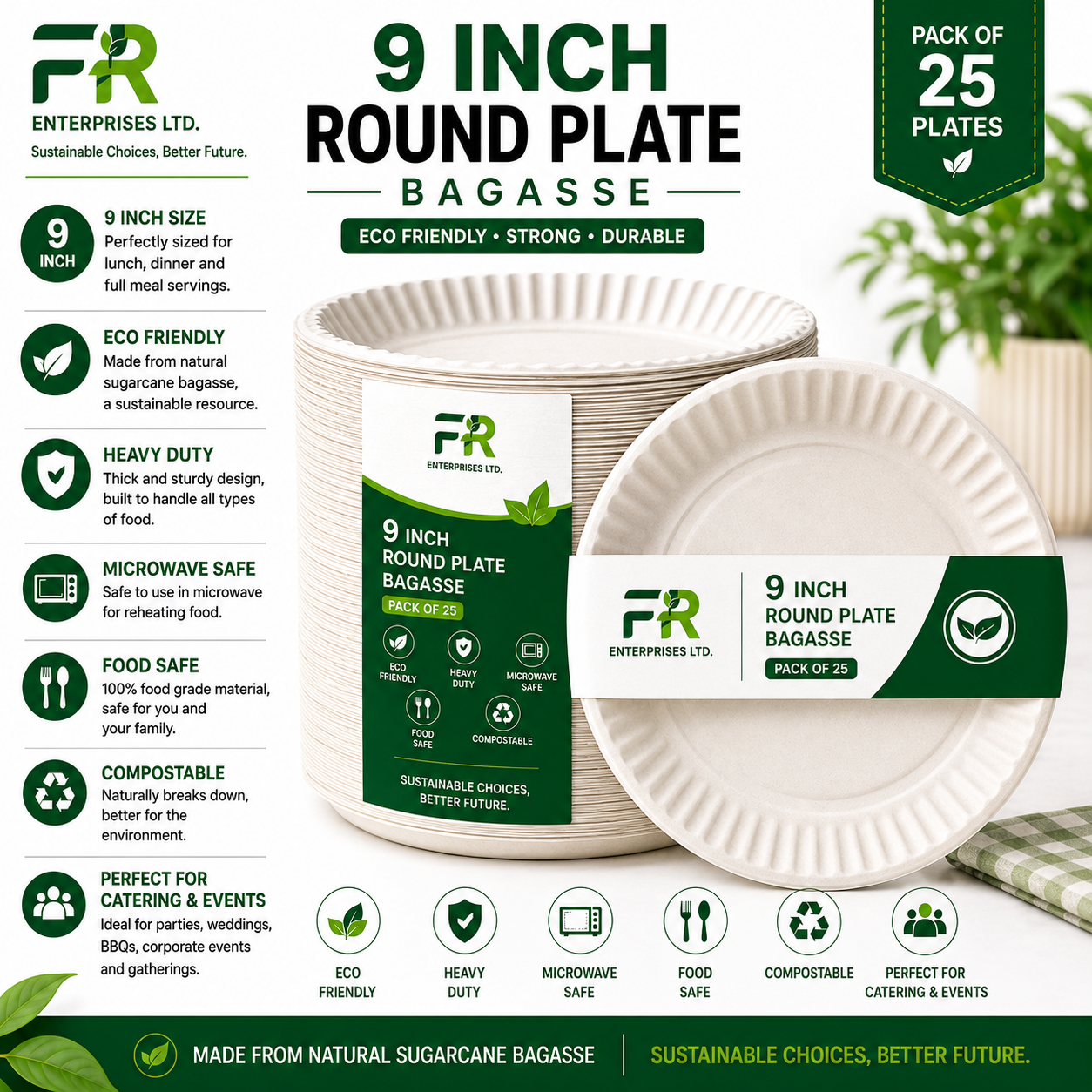 9" Disposable Sugarcane Plates – Eco-Friendly White Bagasse