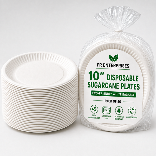 10" Disposable Sugarcane Plates – Eco-Friendly White Bagasse