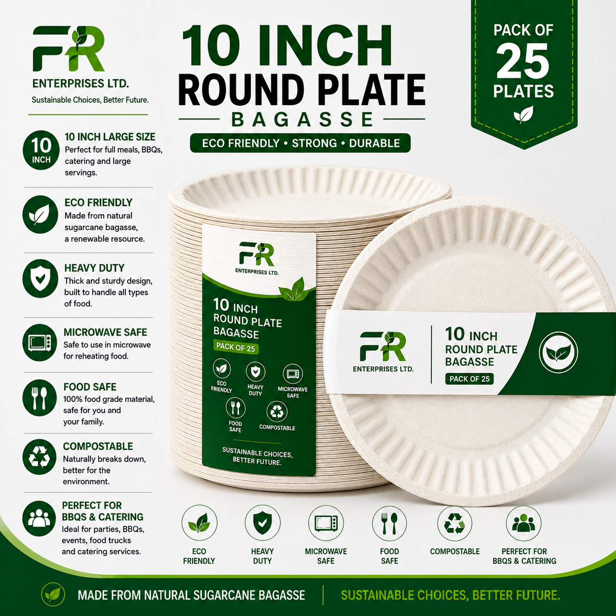 10" Disposable Sugarcane Plates – Eco-Friendly White Bagasse