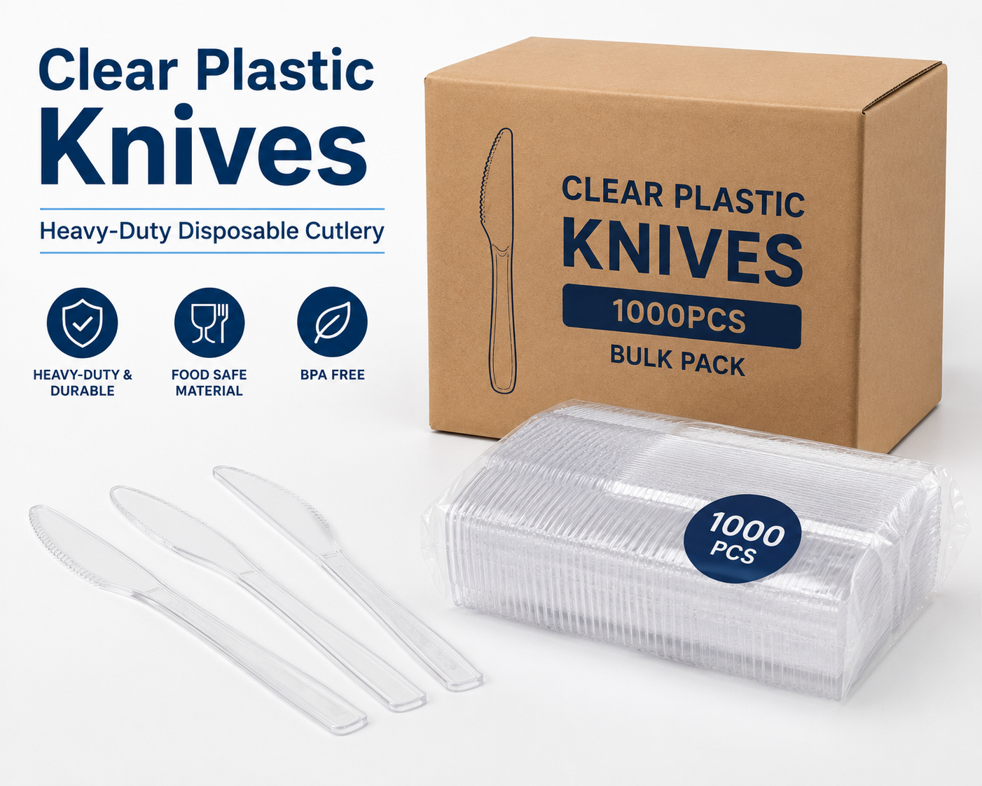 Clear Plastic Knives – Heavy-Duty Disposable Cutlery | 1000pcs Bulk Pack