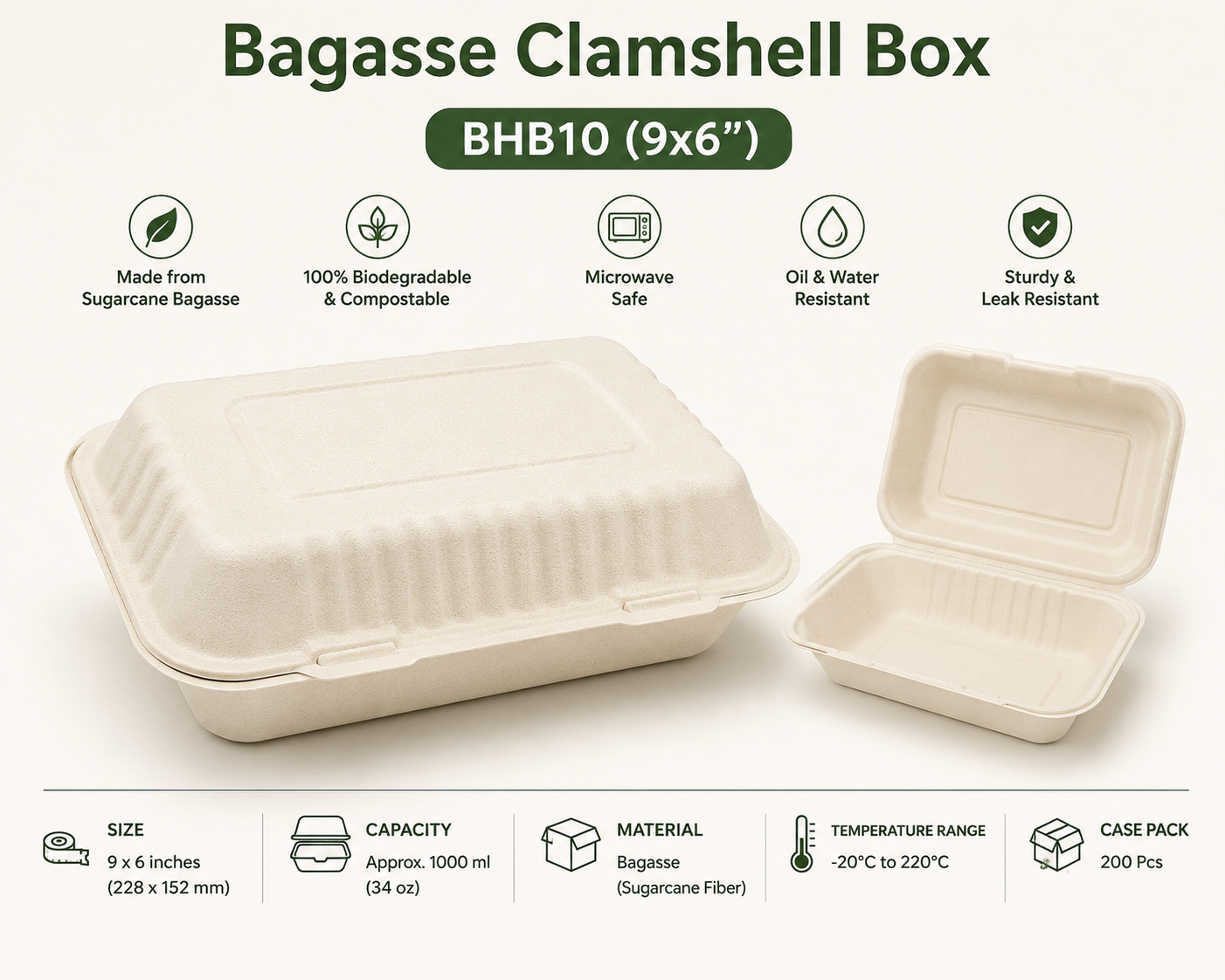 Bagasse Clamshell Box BHB10 (9x6")