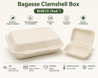 Bagasse Clamshell Box BHB10 (9x6")