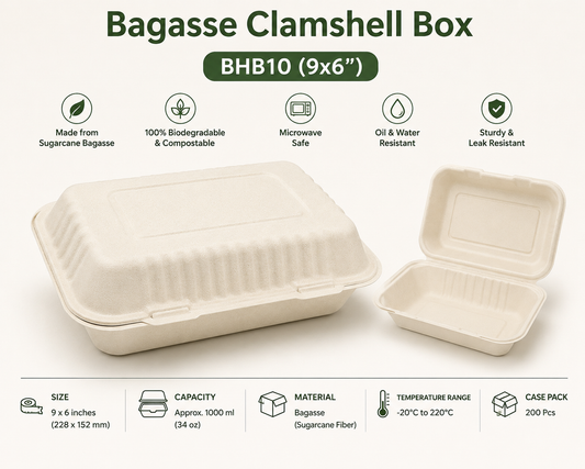 Bagasse Clamshell Box BHB10 (9x6")