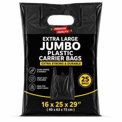 Black Extra Large Jumbo Plastic Carrier Bags- 16x25x29''