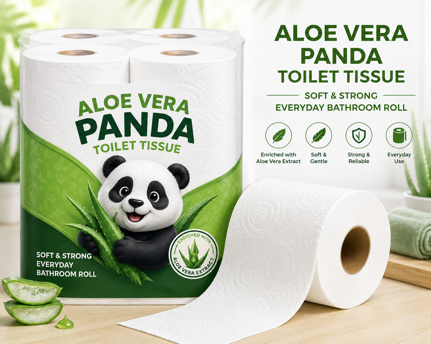 Aloe Vera Panda Toilet Tissue – Soft & Strong Everyday Bathroom Roll