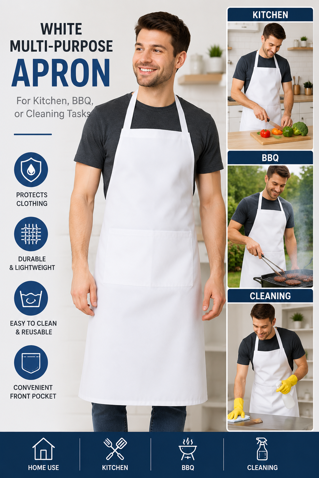 White Multi-Purpose Apron – For Kitchen, BBQ, or Cleaning Tasks