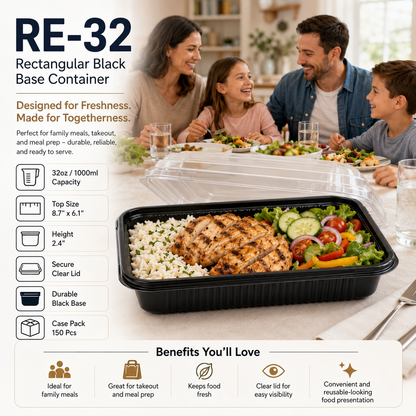 RE-32 Rectangular Black Base Container 32oz