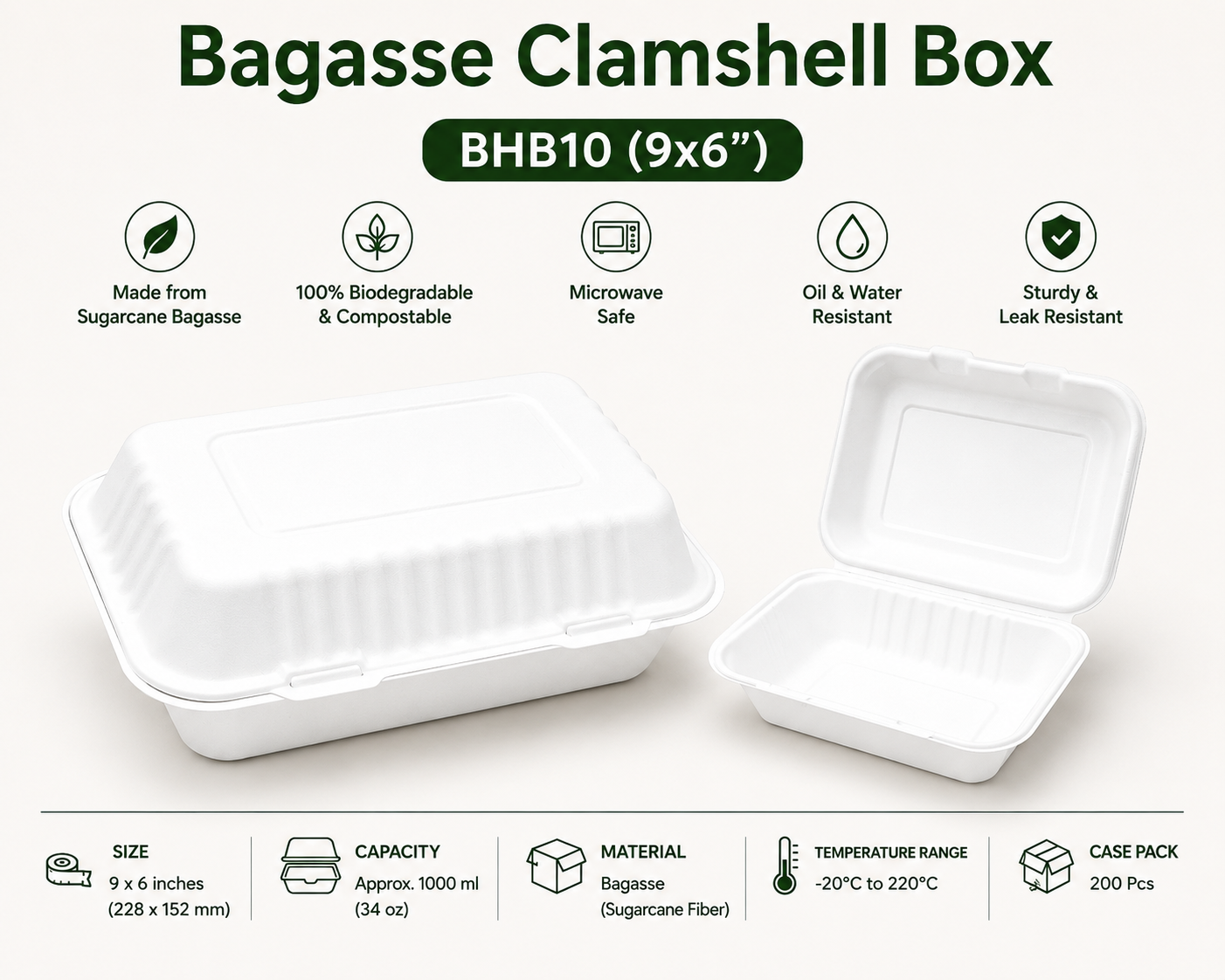 Bagasse Clamshell Box BHB10 (9x6")